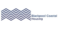 Logo of Blackpool Coastal Housing featuring stylized, stacked waves in blue and purple on the left and the company name in blue lettering on the right. ©Mobysoft