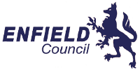Enfield Council logo featuring a blue, stylized griffin, facing right, next to the text "ENFIELD Council" in uppercase letters. The griffin has an outstretched paw and a detailed tail. ©Mobysoft