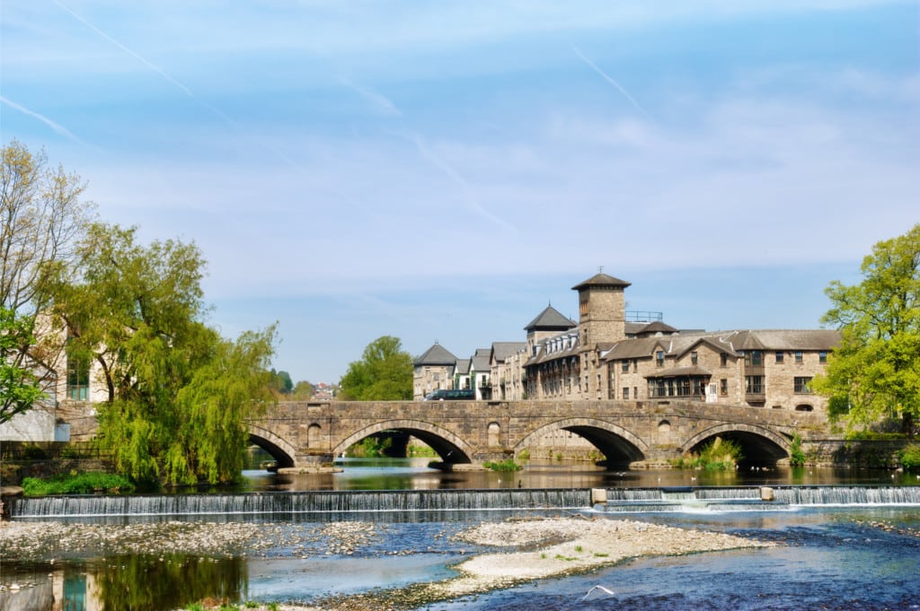 View of South lakes offices by Stramongate Bridge, crossing the river Kent In Kendal, the Lake Distrcit