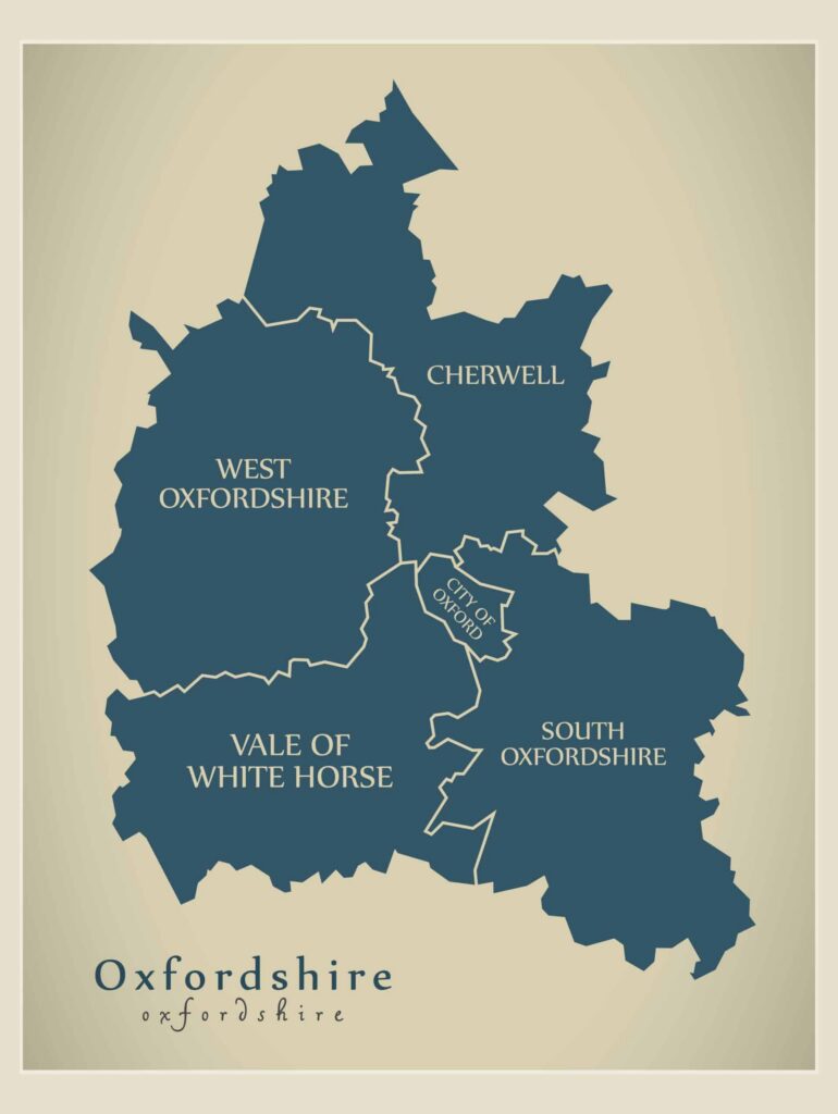 Map illustration of Oxfordshire, England, depicting five districts: Cherwell, West Oxfordshire, Vale of White Horse, South Oxfordshire, and the City of Oxford. As Soha Housing selects RentSense for improved management, each district is neatly labeled on a beige background with clear separation lines. ©Mobysoft