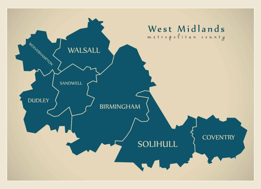 Map of the West Midlands metropolitan county, England, highlighting divisions for areas: Birmingham, Coventry, Dudley, Sandwell with mention of Sandwell Council, Solihull, Walsall, and Wolverhampton, each in teal on a beige background. ©Mobysoft