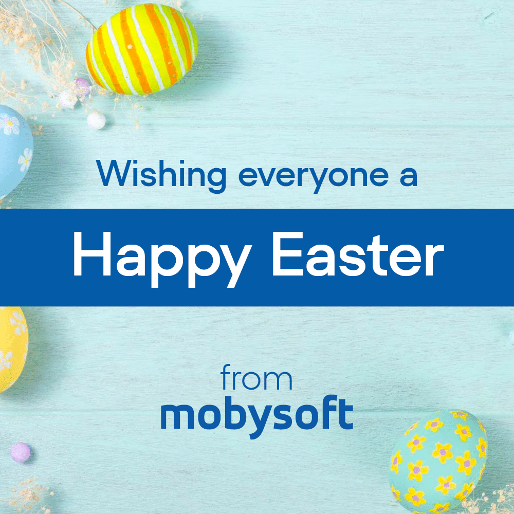 A festive Easter image showcases beautifully decorated eggs on a light blue wooden background. The cheerful message reads, "Wishing everyone a Happy Easter from Mobysoft" in bold white and blue text, capturing the joyous spirit of the occasion. ©Mobysoft