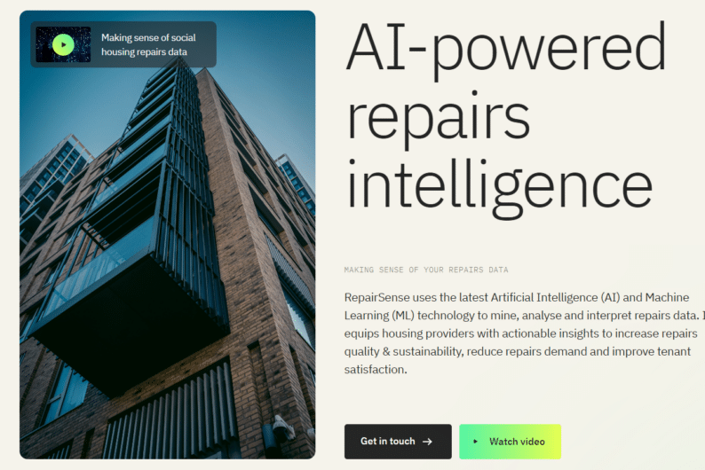 Introducing RepairSense: Our promotional graphic showcases AI-powered repairs intelligence with a sleek modern building. Featuring buttons to get in touch and watch a video, learn how RepairSense uses AI and ML to analyze repairs data, enhancing sustainability and tenant satisfaction. ©Mobysoft