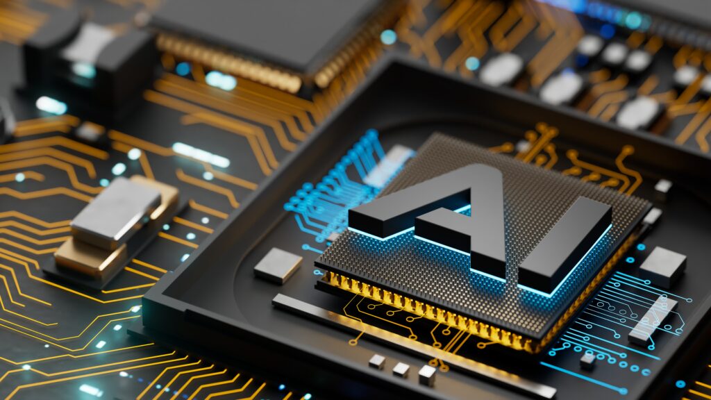 Close-up view of a computer chip with the letters "AI" on it, surrounded by intricate golden circuitry. The image symbolizes AI technology and ethical considerations woven into electronic components on a circuit board. ©Mobysoft