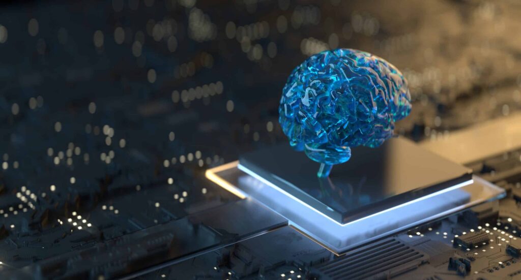 A digital illustration of a glowing blue brain on a futuristic glass platform, surrounded by a circuit board, symbolizing artificial intelligence and technology. ©Mobysoft
