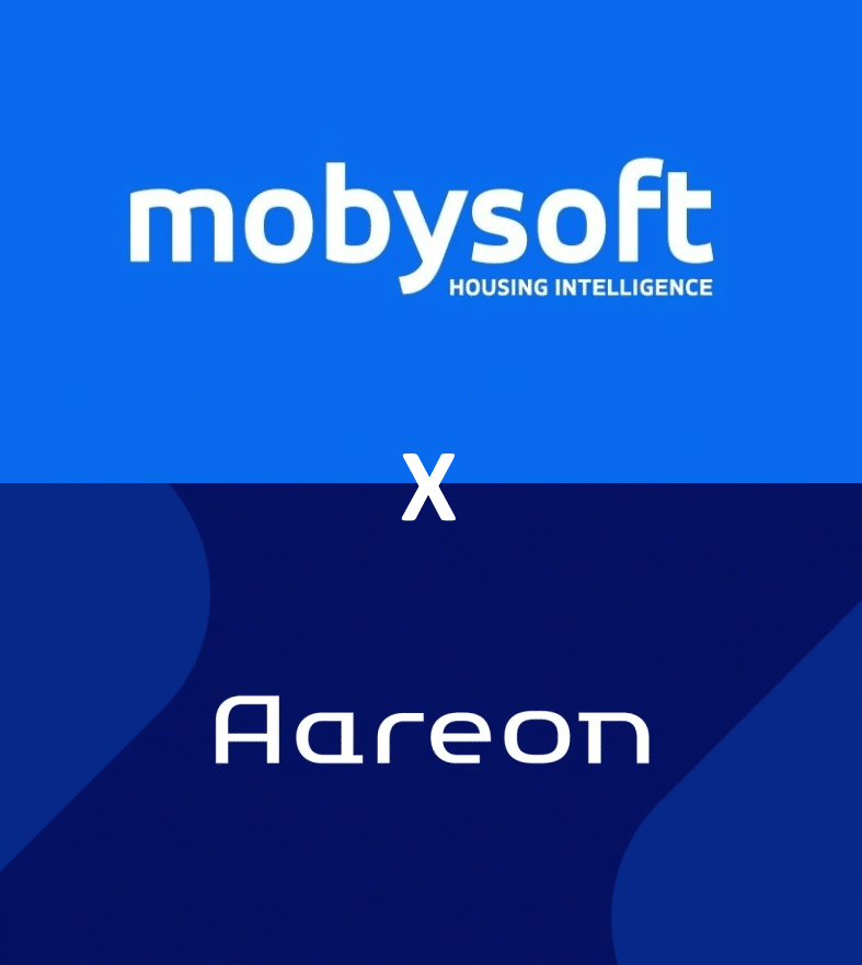 A graphic showcases two logos: "mobisoft Housing Intelligence" graces a blue background above, while "Aareon" rests on a darker blue backdrop below, elegantly divided by a white "x" at the center. ©Mobysoft