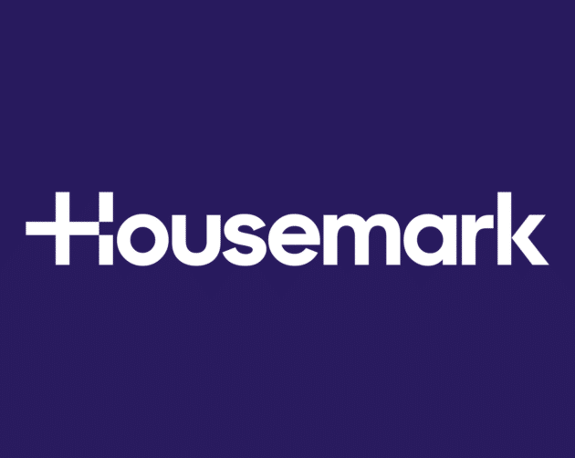 The image shows the word "Housemark" in bold white letters on a dark purple background. The letter "H" is stylized with a plus sign incorporated into its design. ©Mobysoft