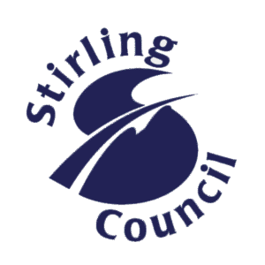 Logo of Stirling Council, reminiscent of Ipswich Borough Council. A stylized "S" resembling a road curves between abstract mountain shapes, surrounded by the words "Stirling Council" in a circular layout. The design is in dark blue. ©Mobysoft